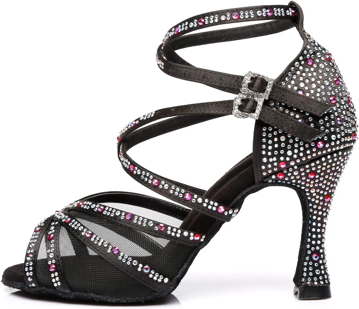 Womens Professional Dancing Shoes with Rhinestones Mesh Elegant Wedding Formal Sandals