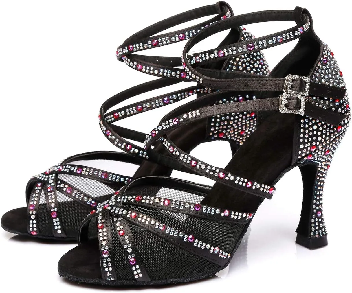 Womens Professional Dancing Shoes with Rhinestones Mesh Elegant Wedding Formal Sandals