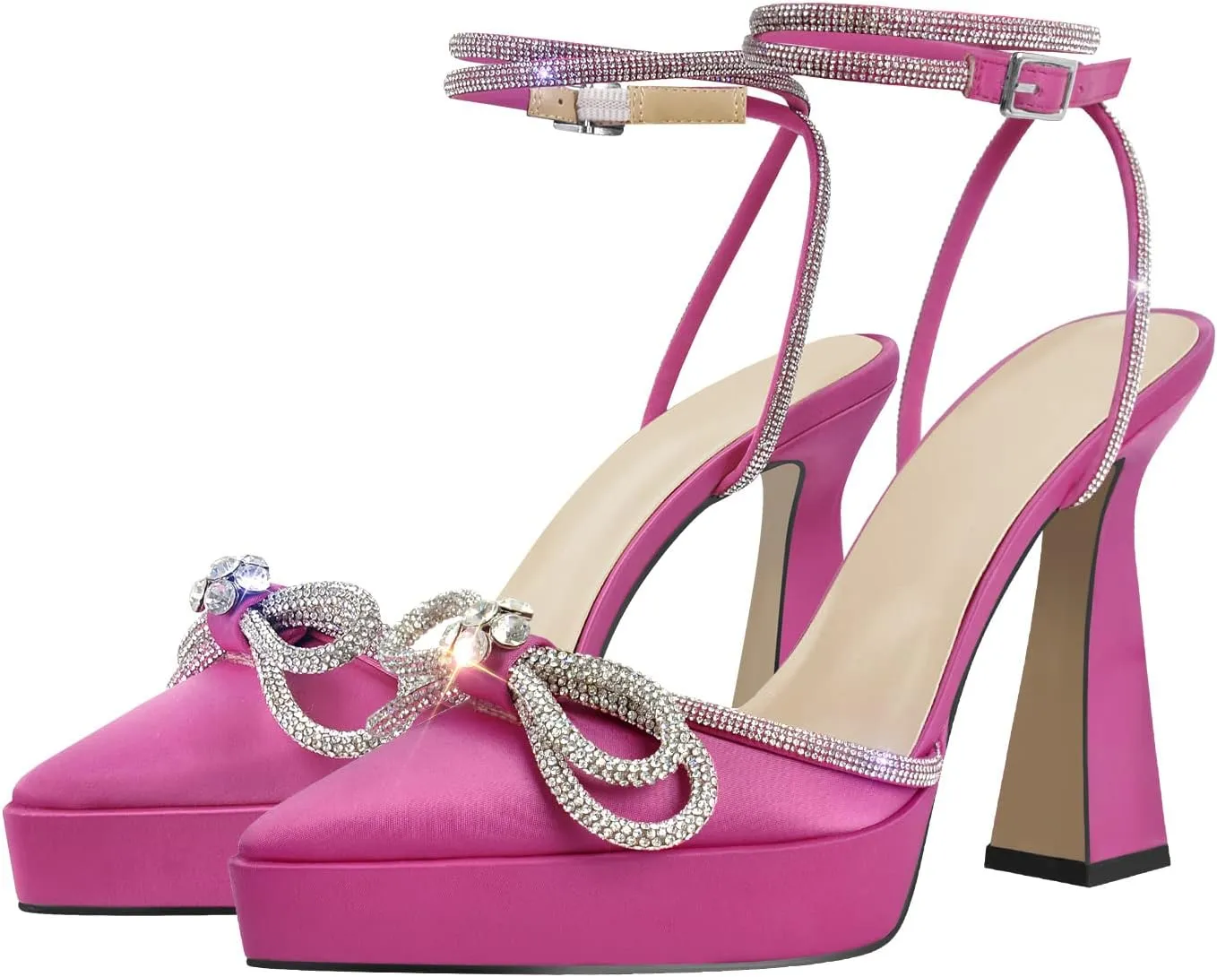 Women's Rhinestone Chunky Heel Platform Sandals Glitter Bowknots Pointed Toe Ankle Strap Stiletto Satin Pumps