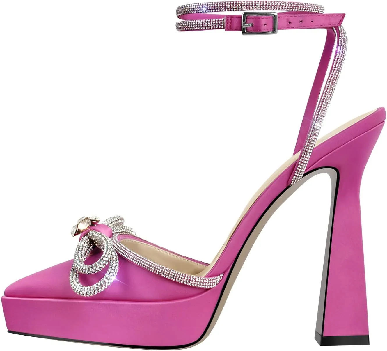 Women's Rhinestone Chunky Heel Platform Sandals Glitter Bowknots Pointed Toe Ankle Strap Stiletto Satin Pumps