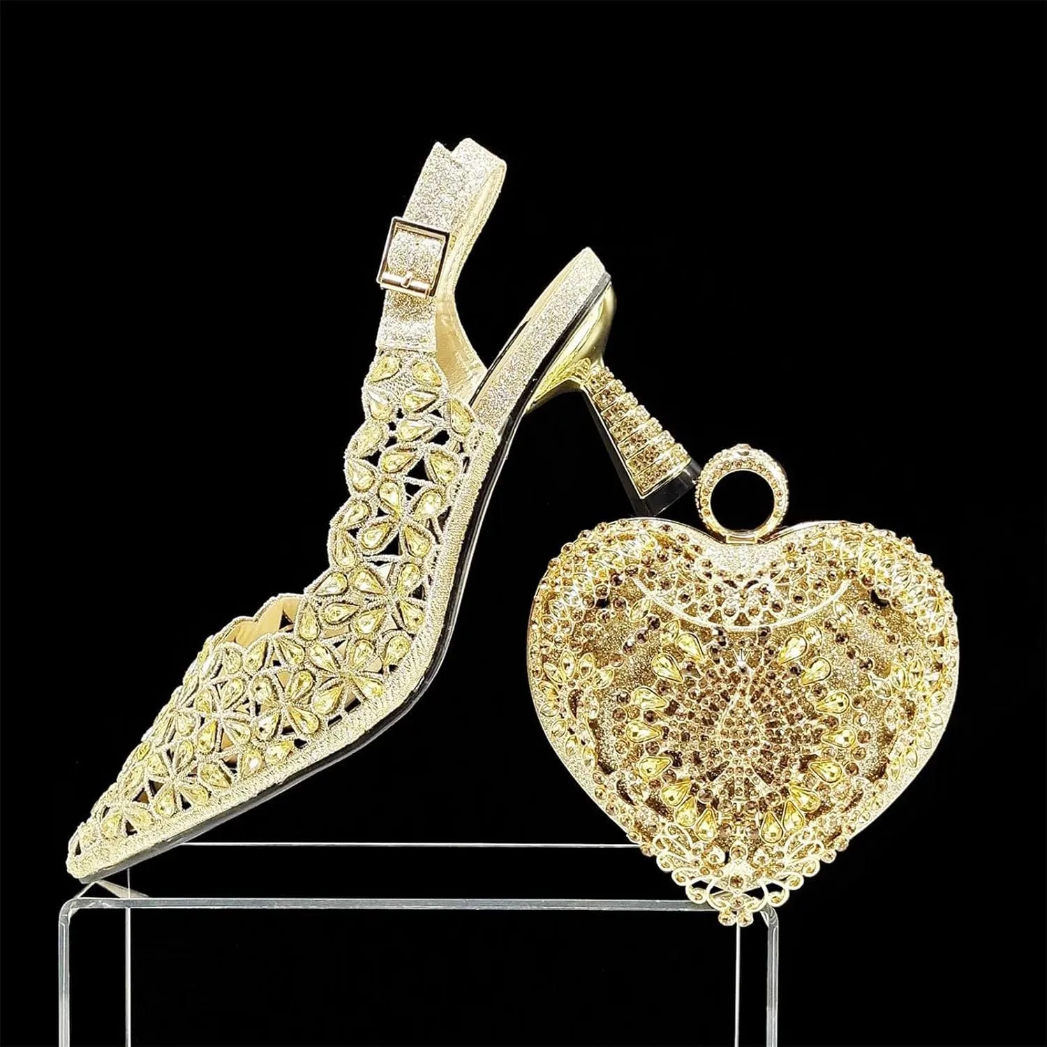 Women's Rhinestone Italian High Heels & Heart Clutch - Elegant Party Set