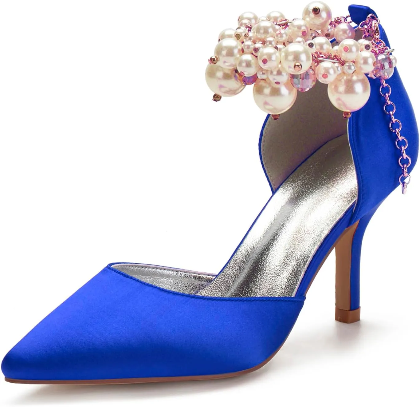 Women's Sandal 8CM High Heels Beaded Bowknot Strap Bridal Wedding Shoes Satin Stiletto Pump Elegant Formal Women's Sandal Pointed Toe,Blue,4