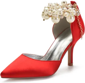 Women's Sandal 8CM High Heels Beaded Bowknot Strap Bridal Wedding Shoes Satin Stiletto Pump Elegant Formal Women's Sandal Pointed Toe,Red,6