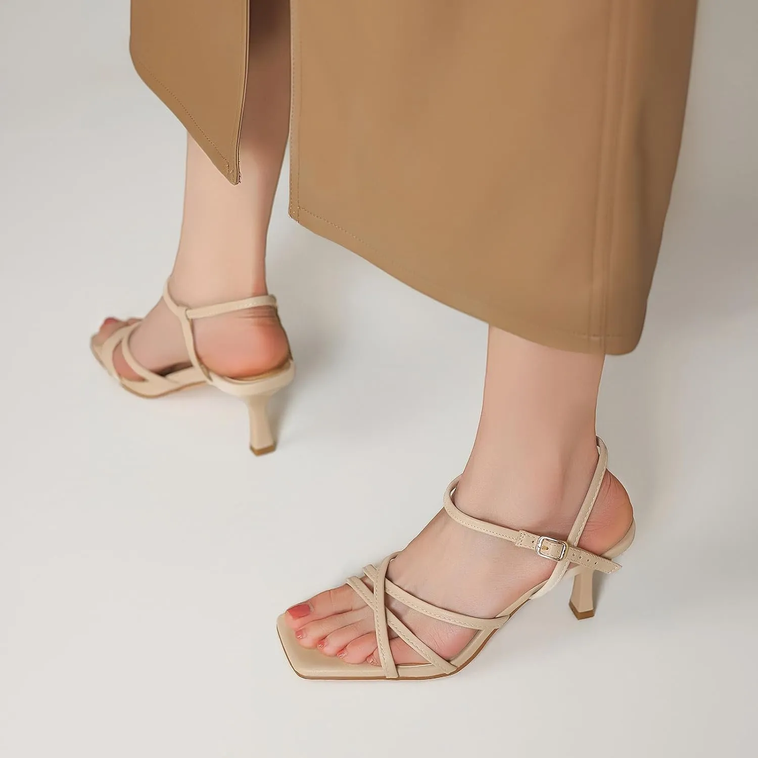 Women's Sandals Square Open Toe Kitten Heels Strappy Ankle Strap Heeled Sandals for Women Comfy Weddings Shoes
