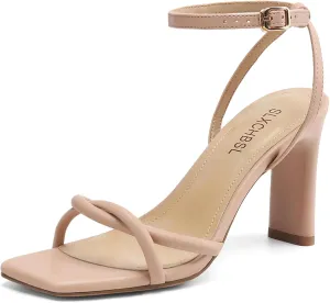 Womens Sandals Square Open Toe Strappy Heels for Women Dressy Chunky High Heels Ankle Buckle Heeled Sandals for Women Comfort Wedding Prom Party Shoes