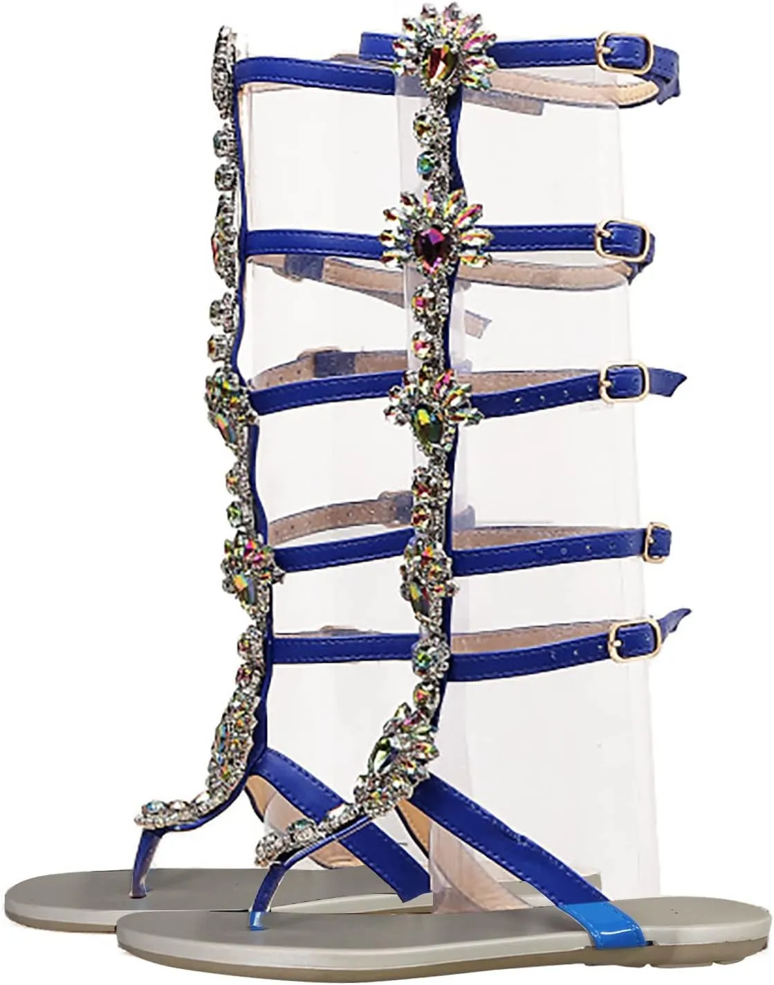 Women's Shoes Sandals & Strappy Summer Long Knee-Length Flat Buckle Roman High Black Women