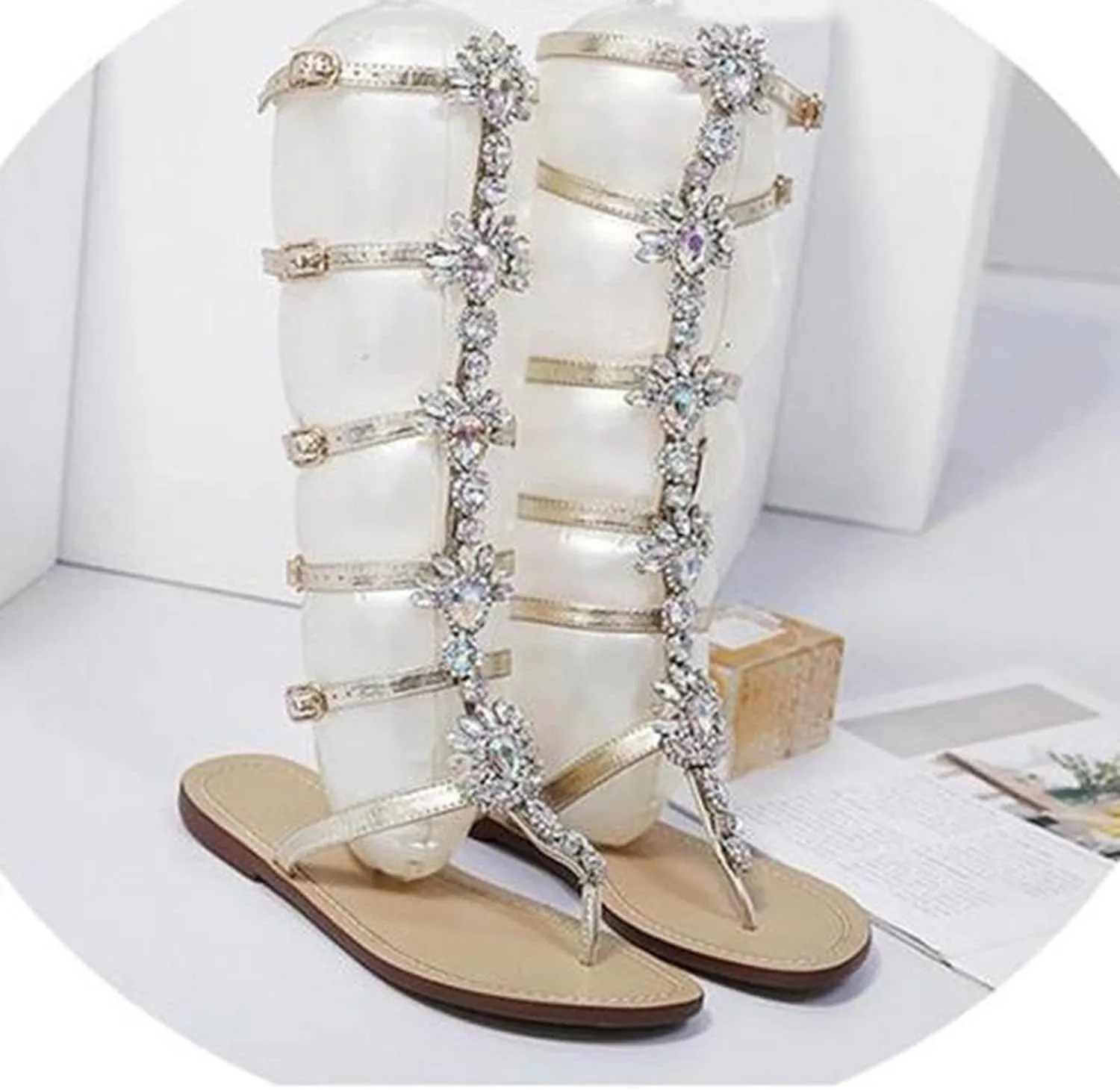 Women's Shoes Sandals & Strappy Summer Long Knee-Length Flat Buckle Roman High Black Women