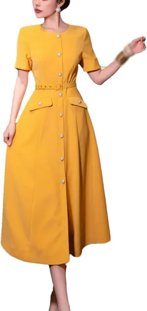 Women's Short Sleeve Single Breasted Elegant Long Dresses 2025 Summer Formal Wedding Party Dress Yellow