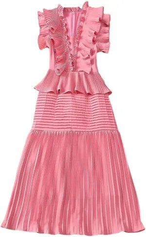 Women's Short Sleeve V Neck Ruffles Pleated Midi Dresses Elegant Evening Party Dress