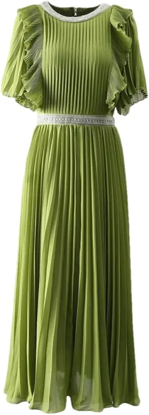 Women's Short Sleeves High Waist Flowy Swing Long Dresses Ruffles Beading Elegant Evening Party Dress