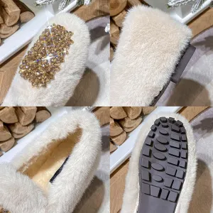 Women's Slip On Loafers Faux Fur Outdoor Winter Fuzzy Shoes Plush Ballet Flats with Rhinestones Mary Jane Flat Shoes