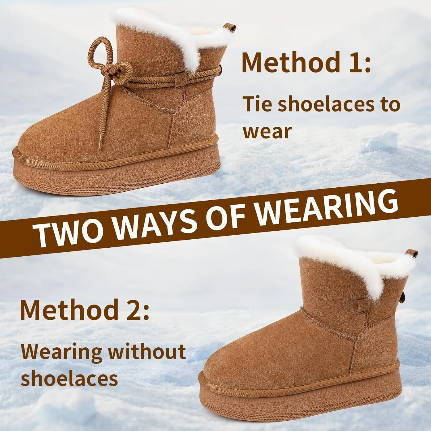 Womens Snow Boots Genuine Suede Faux Fur Lining Warm Lace Up Walking Boots Anti-Slip Cozy Outdoor Ankle Boots