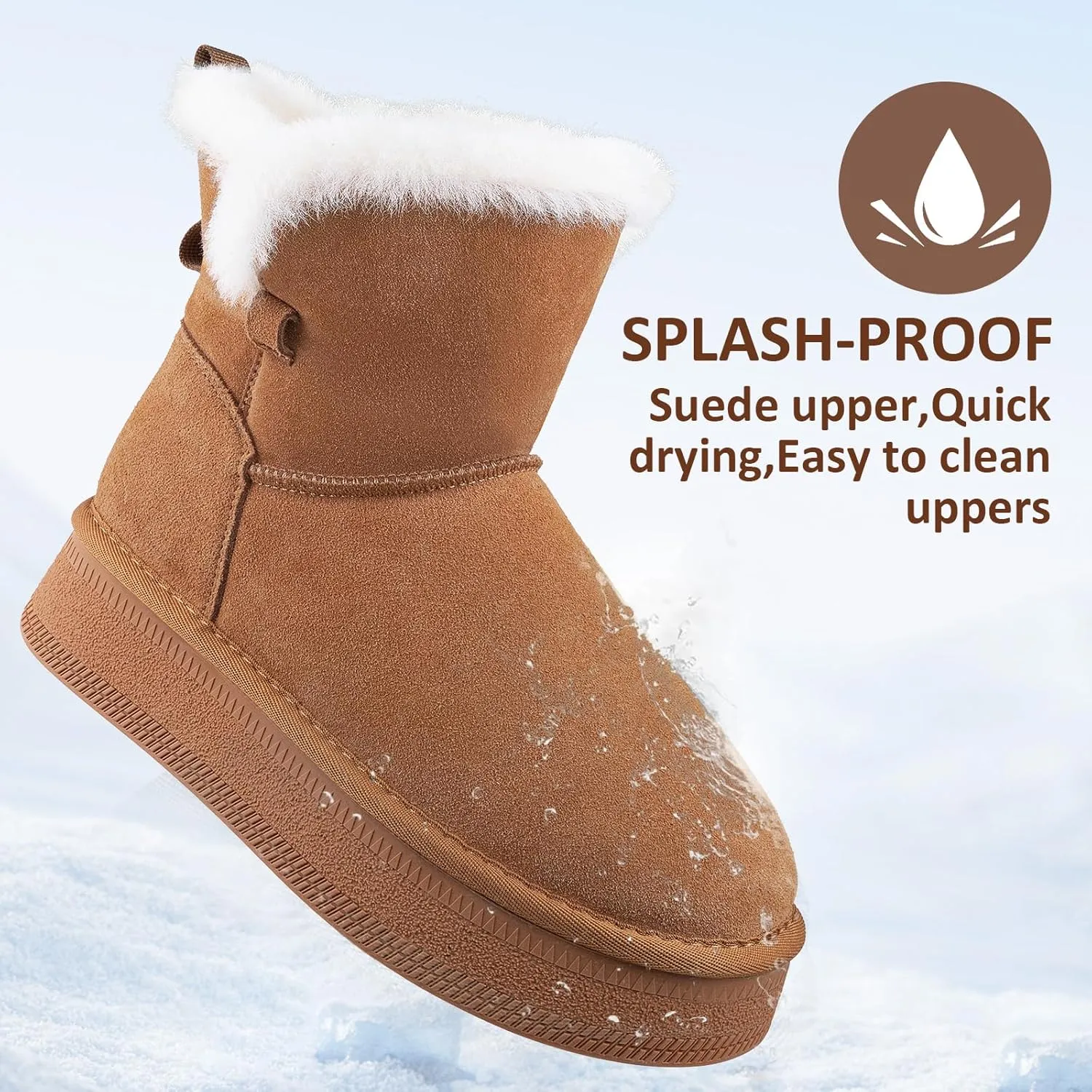 Womens Snow Boots Genuine Suede Faux Fur Lining Warm Lace Up Walking Boots Anti-Slip Cozy Outdoor Ankle Boots