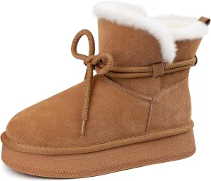 Womens Snow Boots Genuine Suede Faux Fur Lining Warm Lace Up Walking Boots Anti-Slip Cozy Outdoor Ankle Boots