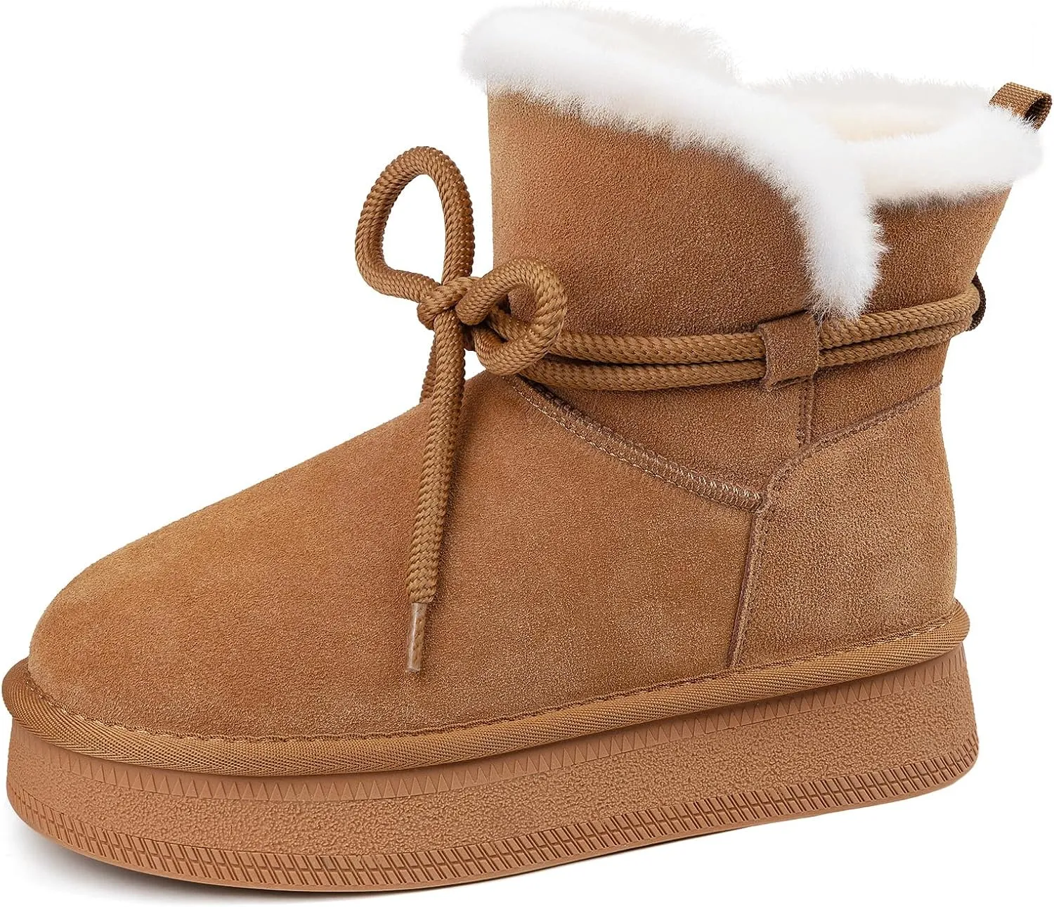 Womens Snow Boots Genuine Suede Faux Fur Lining Warm Lace Up Walking Boots Anti-Slip Cozy Outdoor Ankle Boots