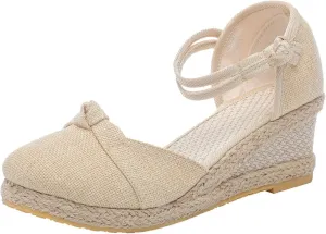 Women's Solid Textured Vintage Sandals Closed Toe Summer High Heel Casual Braided Elegant Shoe Anti-Slip Sandal