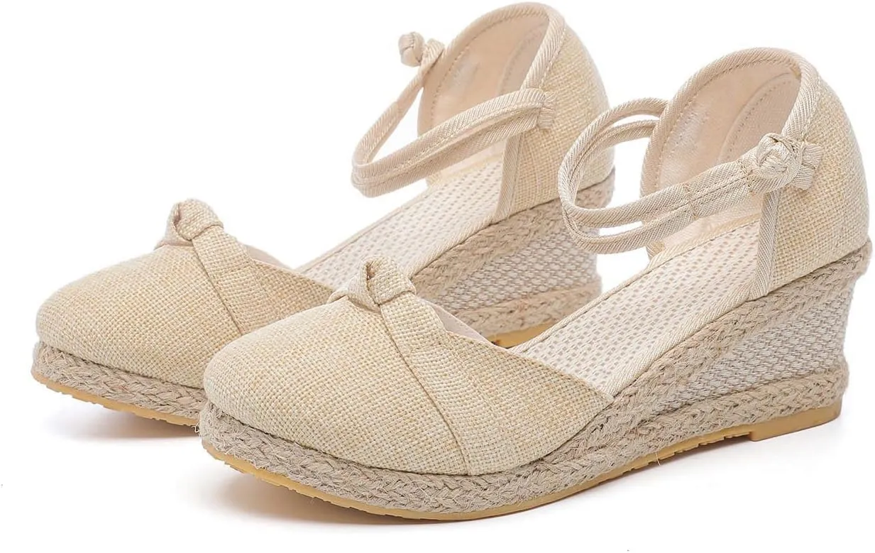 Women's Solid Textured Vintage Sandals Closed Toe Summer High Heel Casual Braided Elegant Shoe Anti-Slip Sandal