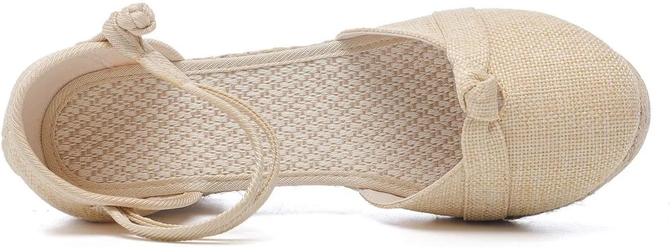 Women's Solid Textured Vintage Sandals Closed Toe Summer High Heel Casual Braided Elegant Shoe Anti-Slip Sandal