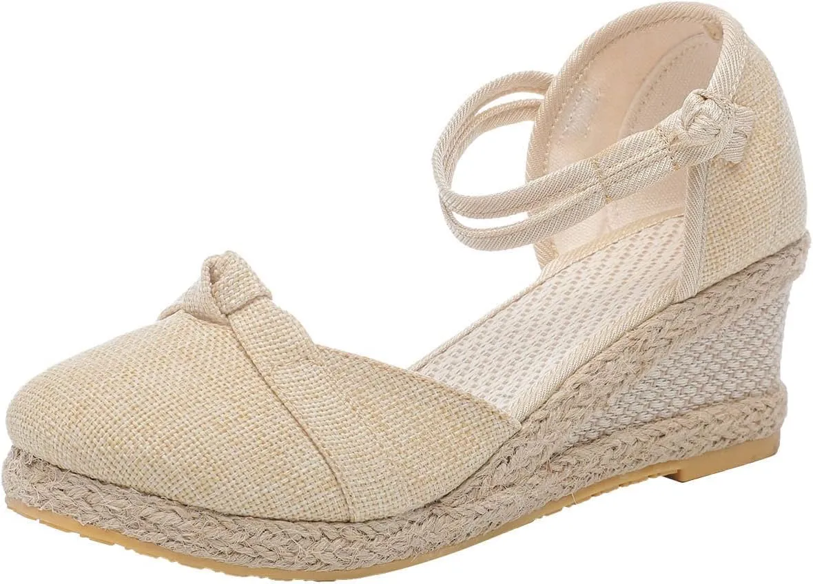 Women's Solid Textured Vintage Sandals Closed Toe Summer High Heel Casual Braided Elegant Shoe Anti-Slip Sandal