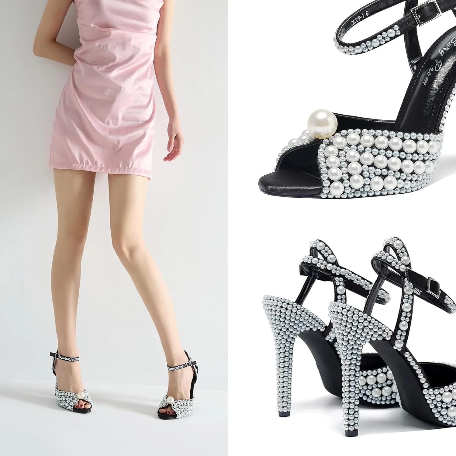 Women's Sparkly Pearl Open Toe Ankle Strap Stiletto 4.3IN Heel Sandals Nightclub Party Wedding Shoes