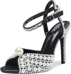 Women's Sparkly Pearl Open Toe Ankle Strap Stiletto 4.3IN Heel Sandals Nightclub Party Wedding Shoes