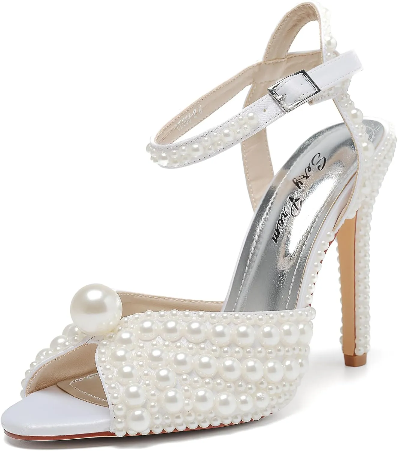 Women's Sparkly Pearl Open Toe Ankle Strap Stiletto 4.3IN Heel Sandals Nightclub Party Wedding Shoes