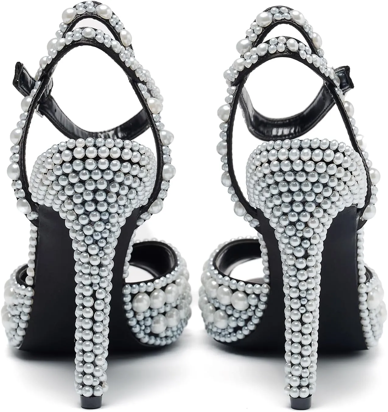 Women's Sparkly Pearl Open Toe Ankle Strap Stiletto 4.3IN Heel Sandals Nightclub Party Wedding Shoes