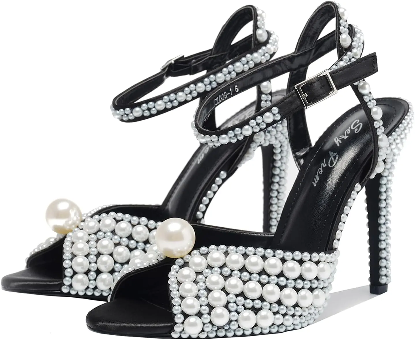 Women's Sparkly Pearl Open Toe Ankle Strap Stiletto 4.3IN Heel Sandals Nightclub Party Wedding Shoes