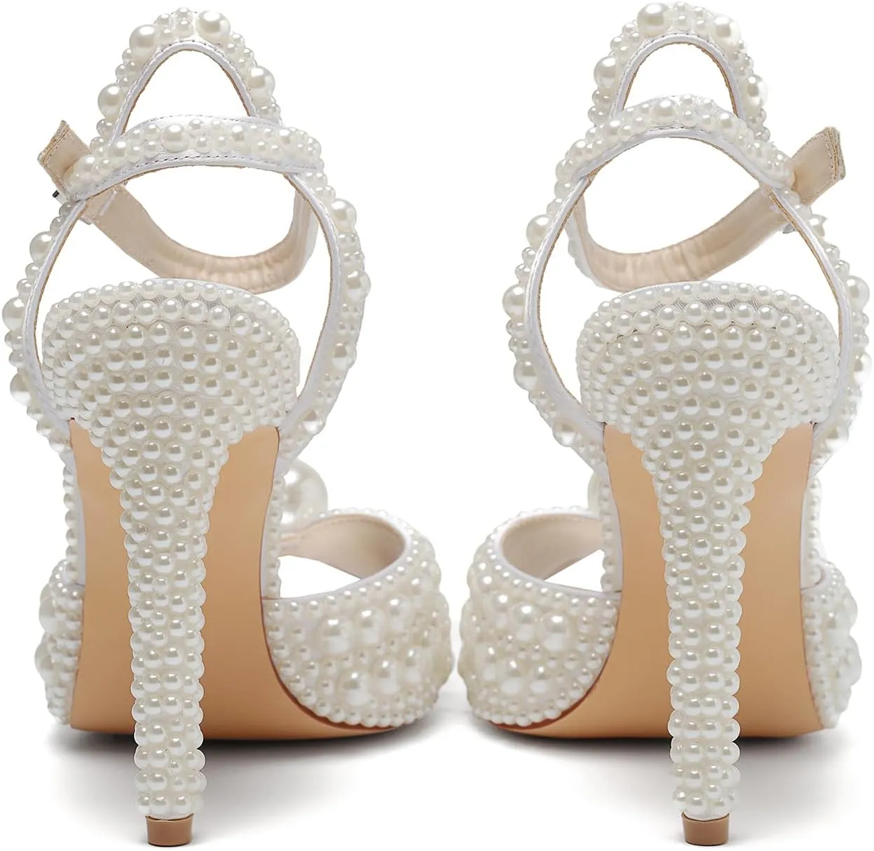 Women's Sparkly Pearl Open Toe Ankle Strap Stiletto 4.3IN Heel Sandals Nightclub Party Wedding Shoes