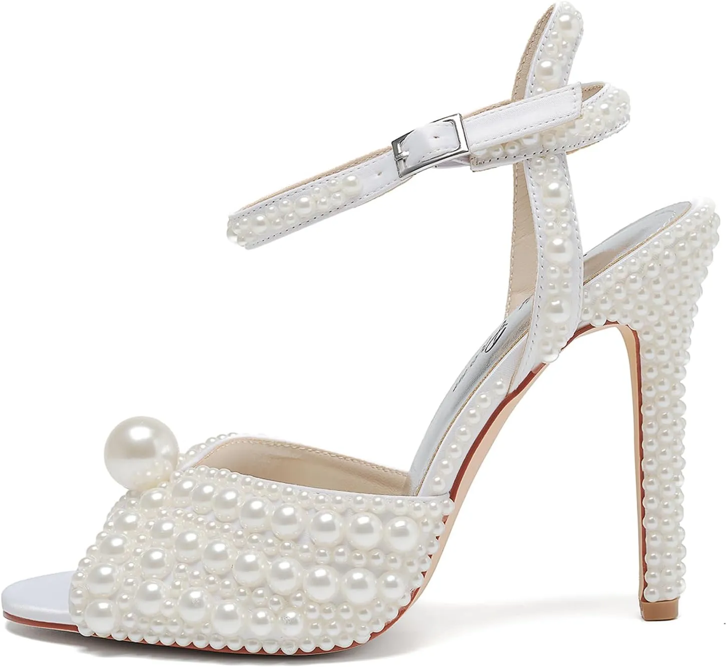 Women's Sparkly Pearl Open Toe Ankle Strap Stiletto 4.3IN Heel Sandals Nightclub Party Wedding Shoes