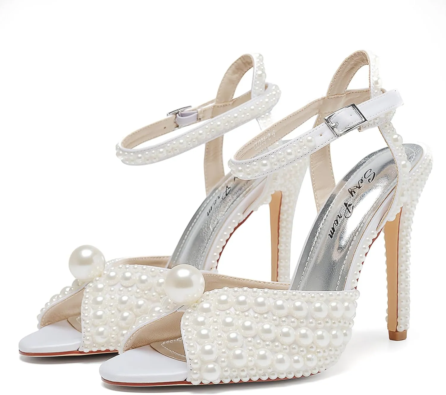 Women's Sparkly Pearl Open Toe Ankle Strap Stiletto 4.3IN Heel Sandals Nightclub Party Wedding Shoes