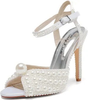 Women's Sparkly Pearl Open Toe Ankle Strap Stiletto 4.3IN Heel Sandals Nightclub Party Wedding Shoes