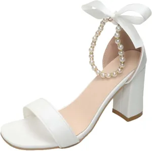 Women's Square Toe Pearl Ankle Strap High Heel Sandals-White Bow Design Ribbon, Fashion Open Toe Chunky Heel Party Wedding Shoes