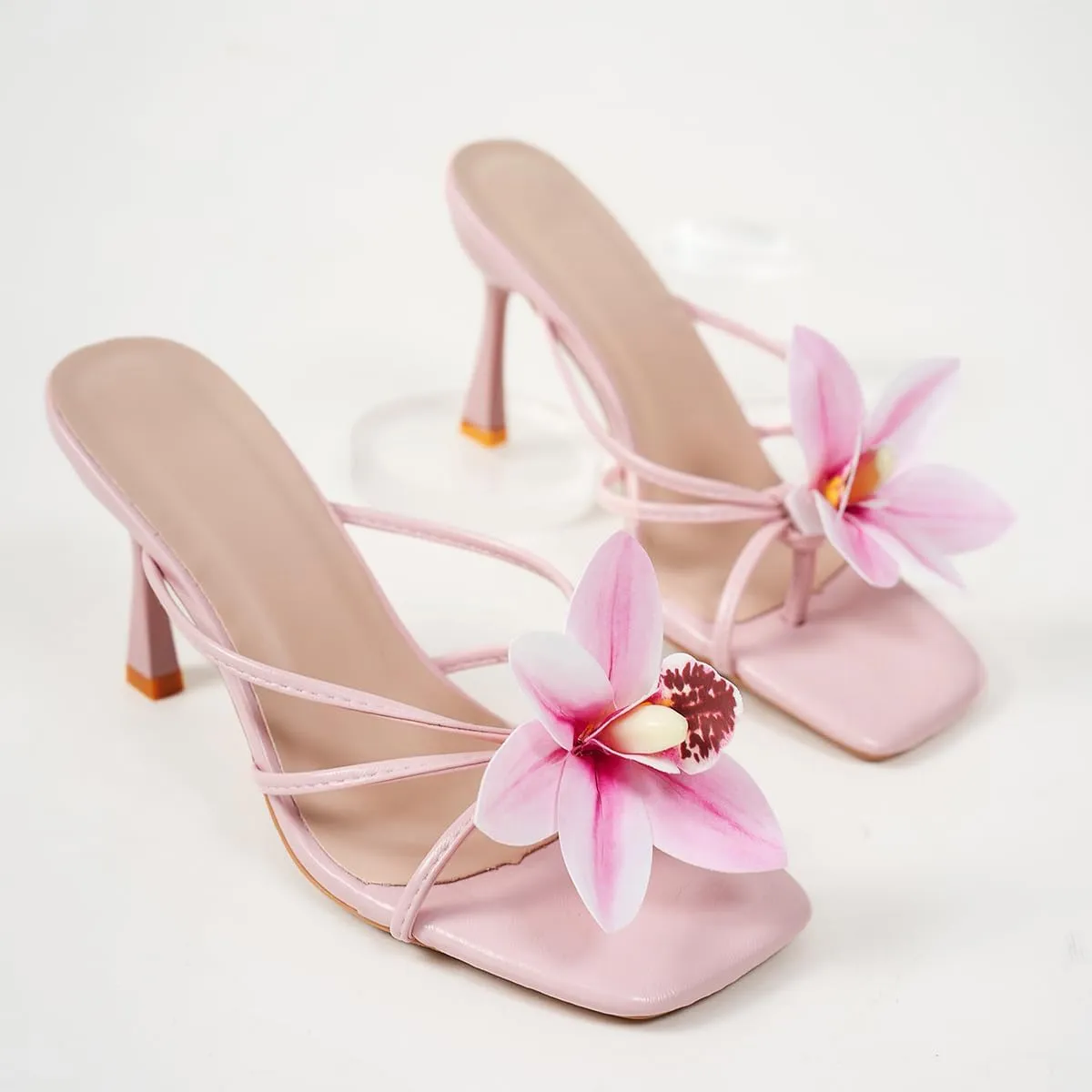 Women’s Strappy Heeled Sandals – Floral Accent, Square Open Toe – Elegant Dress Shoes for Weddings, Parties & Evenings