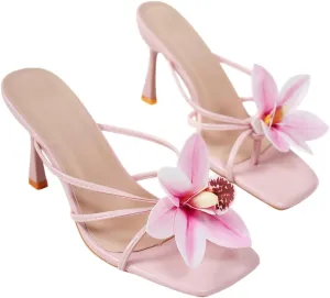 Women’s Strappy Heeled Sandals – Floral Accent, Square Open Toe – Elegant Dress Shoes for Weddings, Parties & Evenings