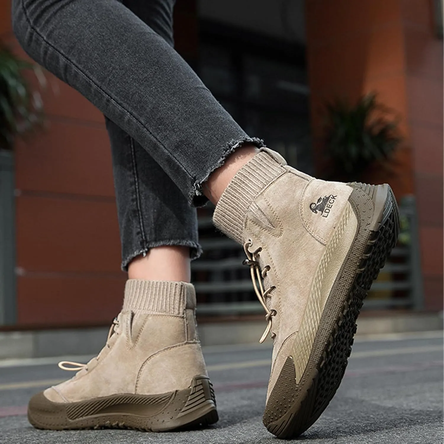 Women's Suede Anti-slip Outdoor Sock Ankle Boots With Elastic Band Italian Handmade Lace up High Top Waterproof Slip-on Comfortable Hiking sneakers Chukka Boots