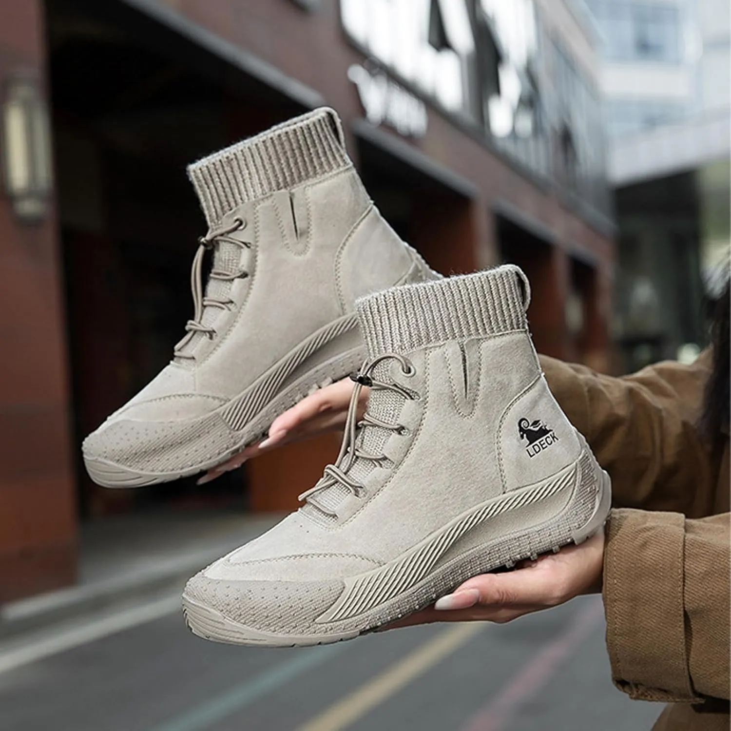 Women's Suede Anti-slip Outdoor Sock Ankle Boots With Elastic Band Italian Handmade Lace up High Top Waterproof Slip-on Comfortable Hiking sneakers Chukka Boots