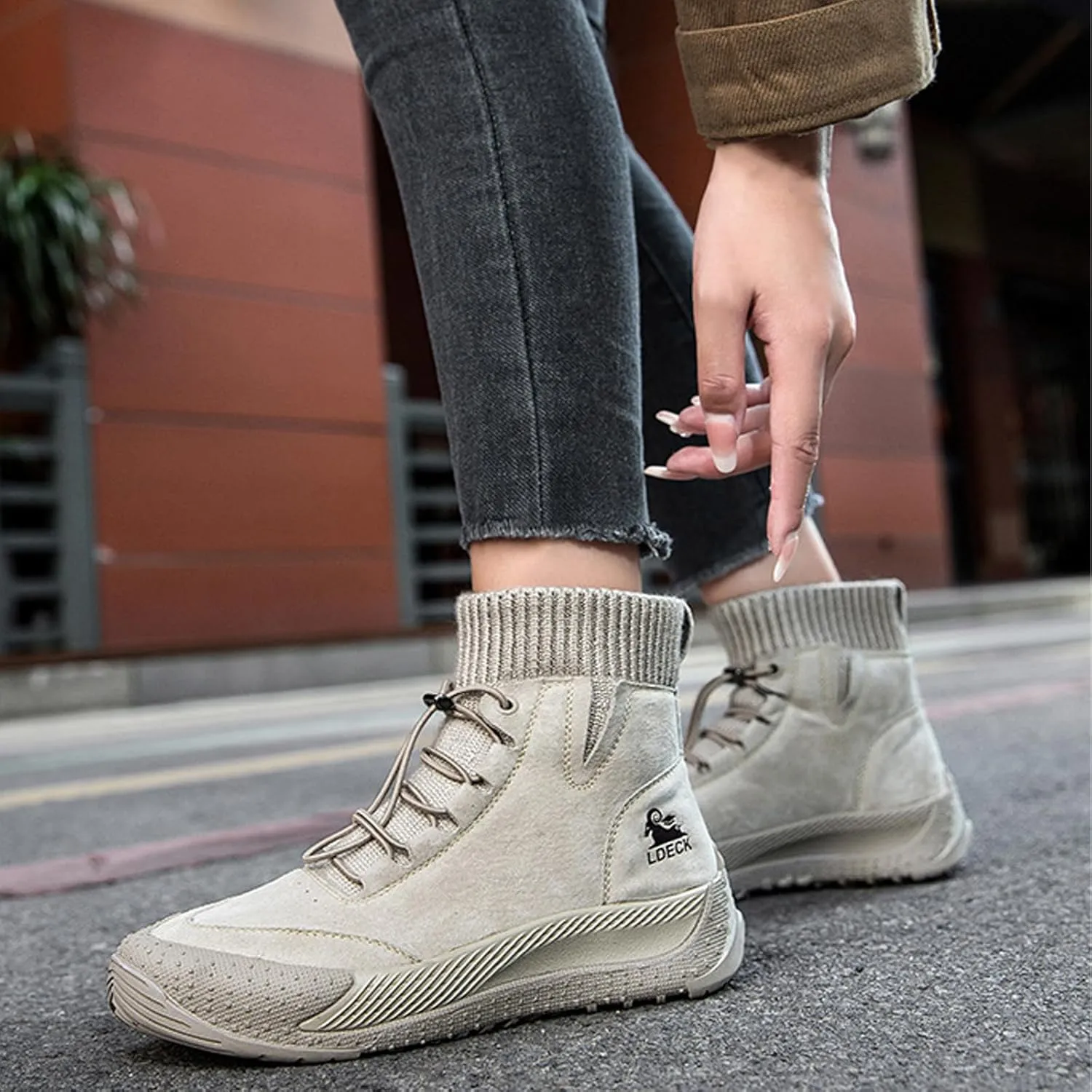 Women's Suede Anti-slip Outdoor Sock Ankle Boots With Elastic Band Italian Handmade Lace up High Top Waterproof Slip-on Comfortable Hiking sneakers Chukka Boots