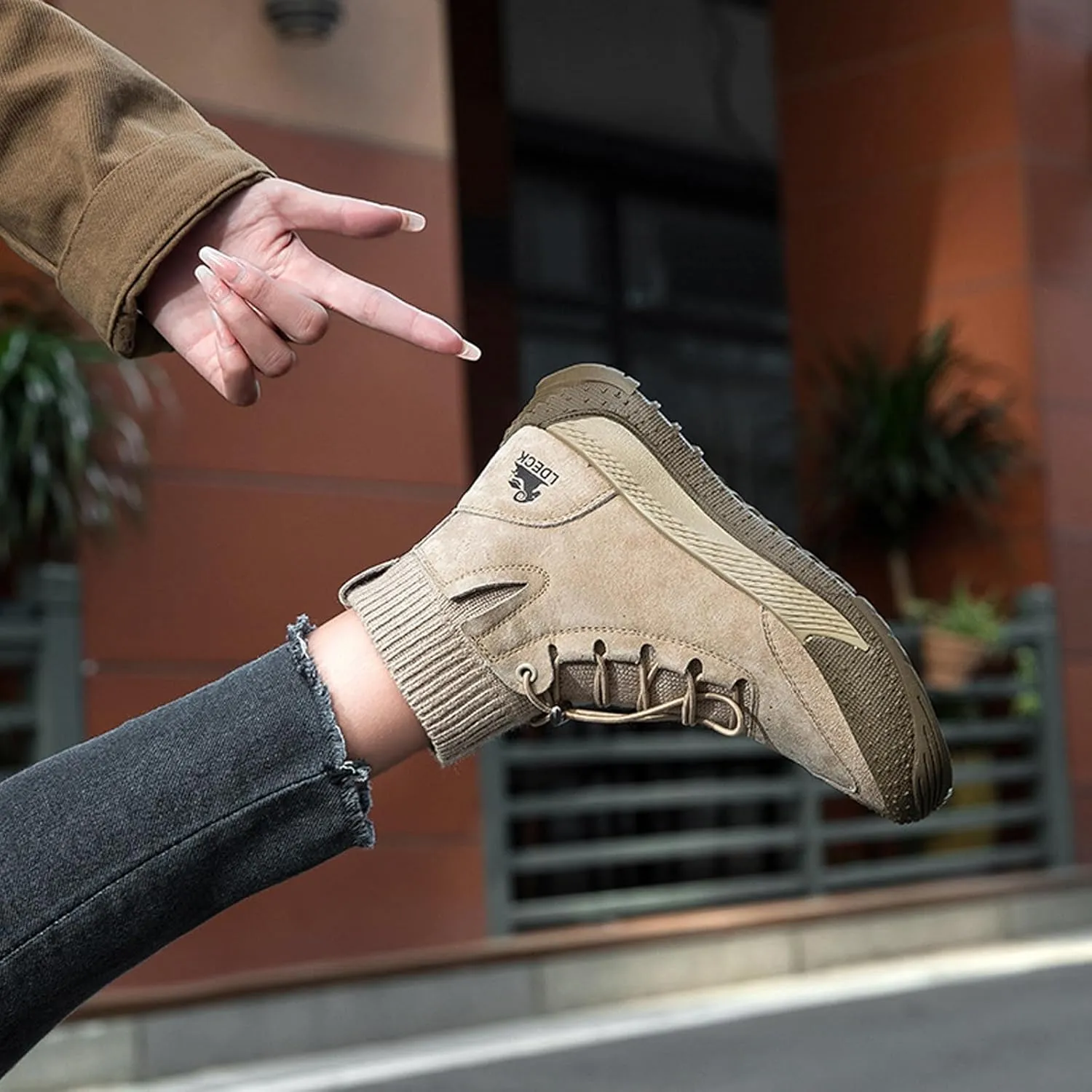 Women's Suede Anti-slip Outdoor Sock Ankle Boots With Elastic Band Italian Handmade Lace up High Top Waterproof Slip-on Comfortable Hiking sneakers Chukka Boots