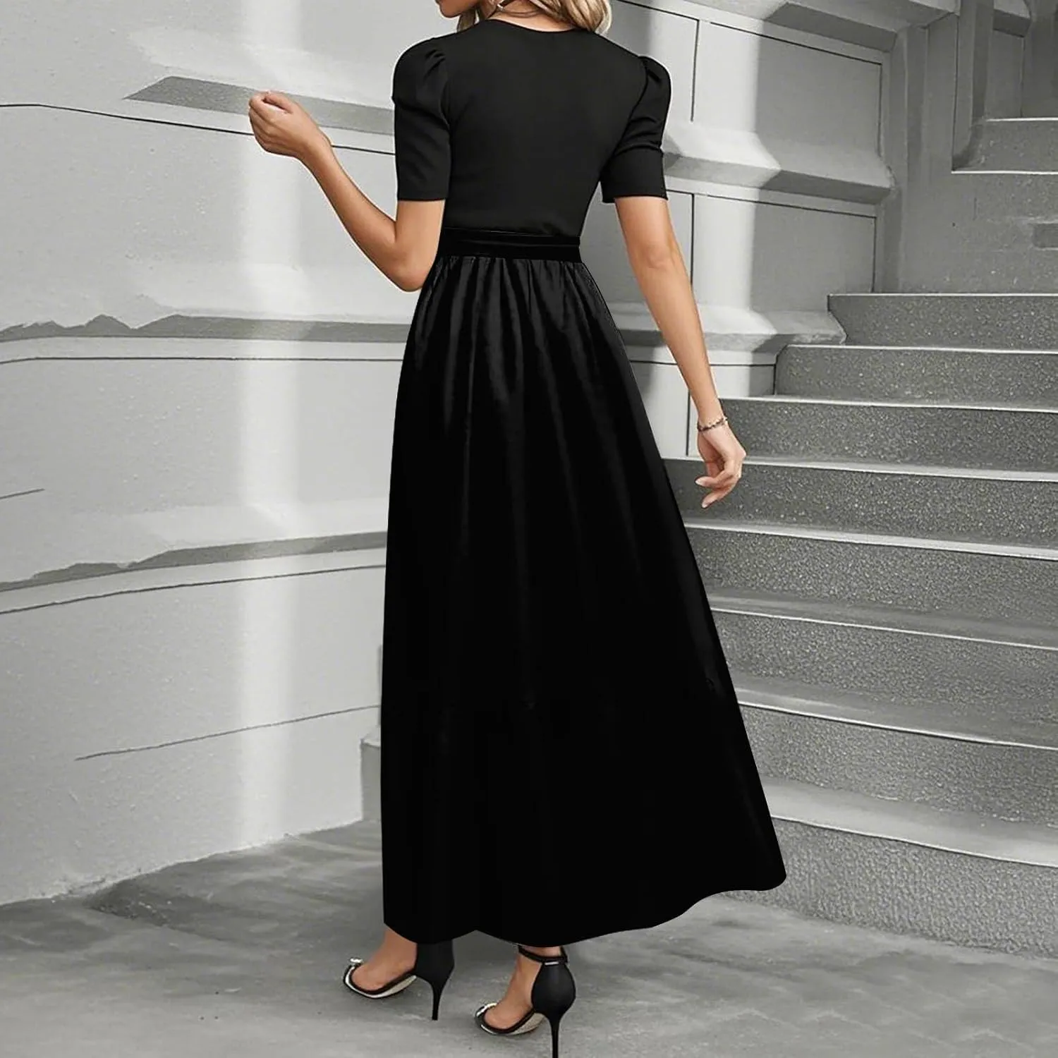 Women's Summer 2025 Fashion Dress Casual Tie Waist Short Sleeve Round Neck Solid Color Patchwork Elegant Flowy Maxi Dresses
