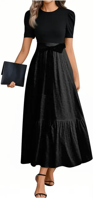 Women's Summer 2025 Fashion Dress Casual Tie Waist Short Sleeve Round Neck Solid Color Patchwork Elegant Flowy Maxi Dresses