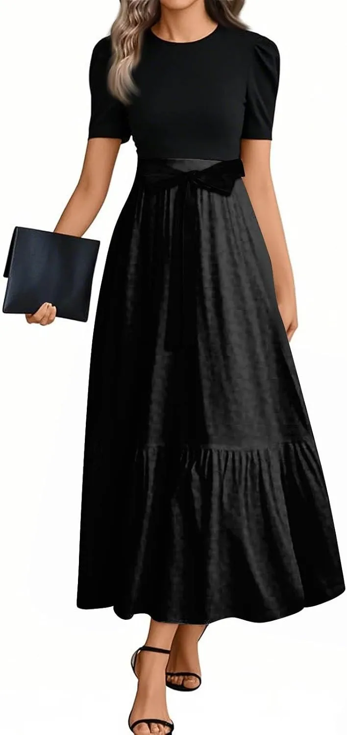 Women's Summer 2025 Fashion Dress Casual Tie Waist Short Sleeve Round Neck Solid Color Patchwork Elegant Flowy Maxi Dresses