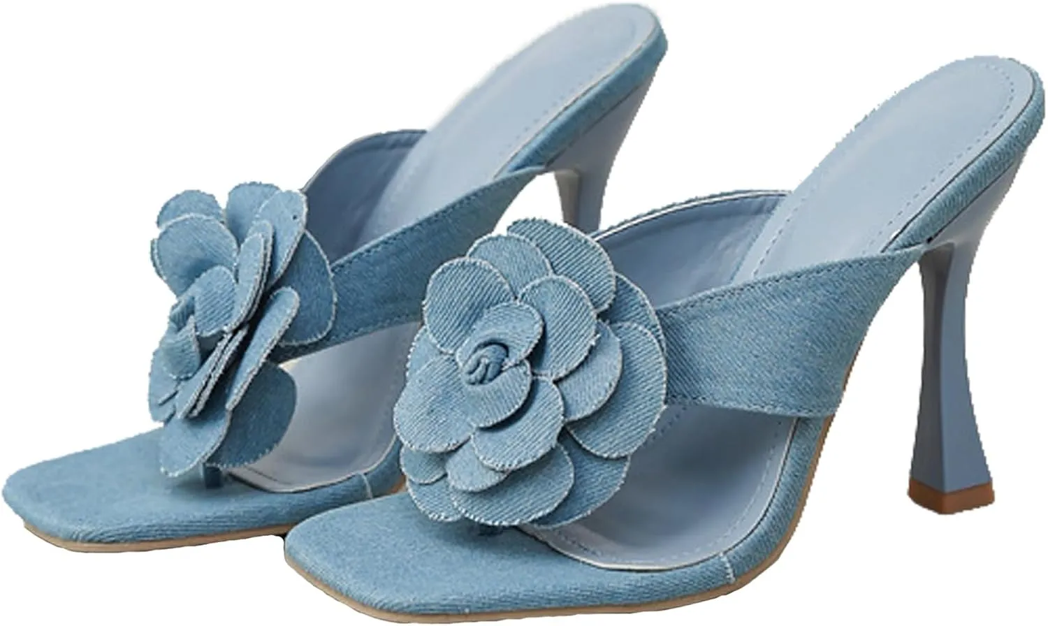 Womens Summer Denim Floral Stiletto Thong Sandals Fashion Square Open Toe Slip On two strap clip toe High Heel Dressy Slides Sandals Prom Daily Classic Office Lady Work Shoes