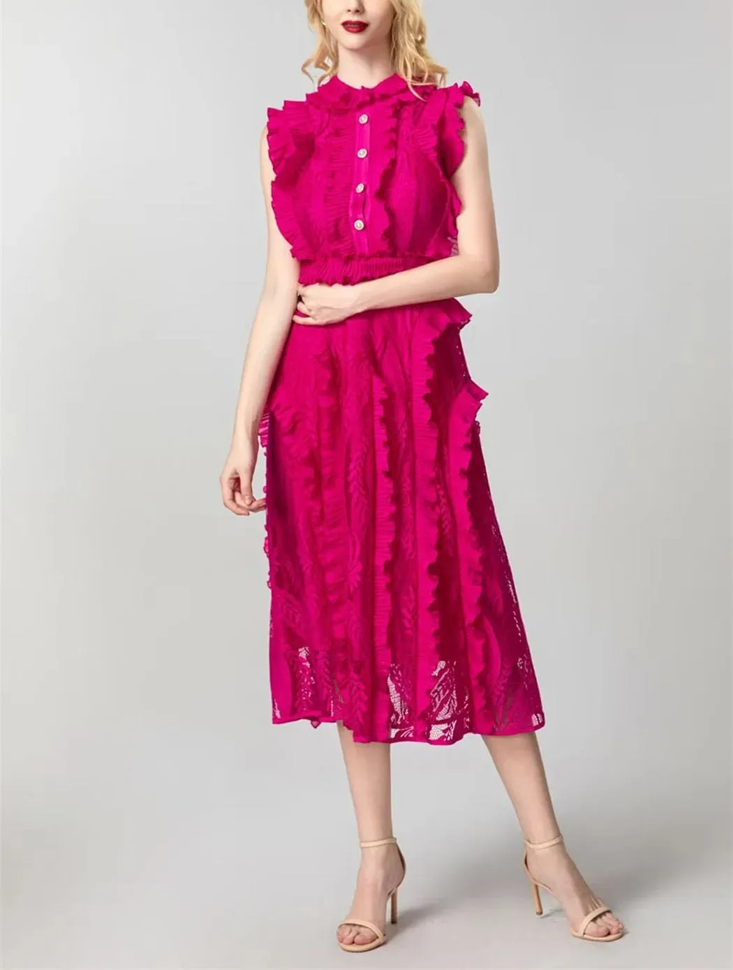 Women's Summer Elegant Midi Lace Dresses Ruffles Sleeveless Party Prom Dress Black