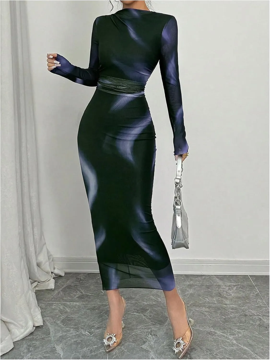 Women's Tie Dye Sheer Mesh Dress Ruched Long Sleeve Elegant Bodycon Maxi Dresses