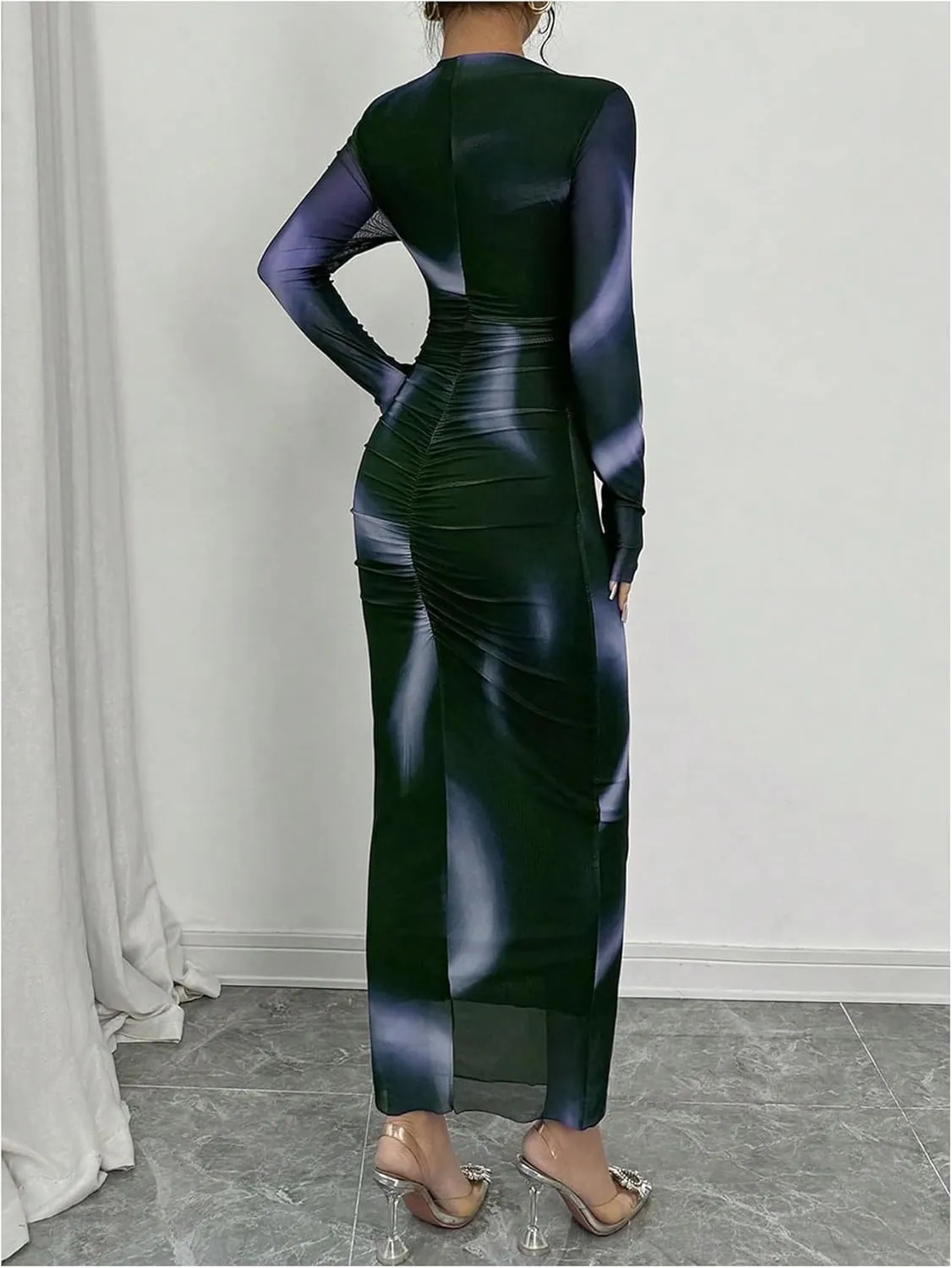 Women's Tie Dye Sheer Mesh Dress Ruched Long Sleeve Elegant Bodycon Maxi Dresses