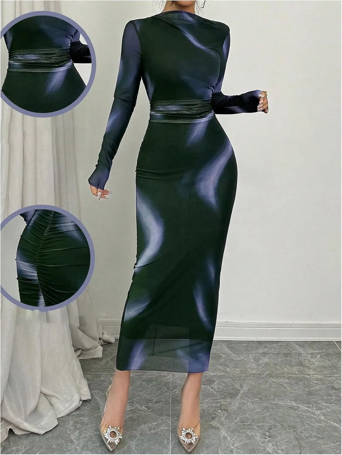 Women's Tie Dye Sheer Mesh Dress Ruched Long Sleeve Elegant Bodycon Maxi Dresses