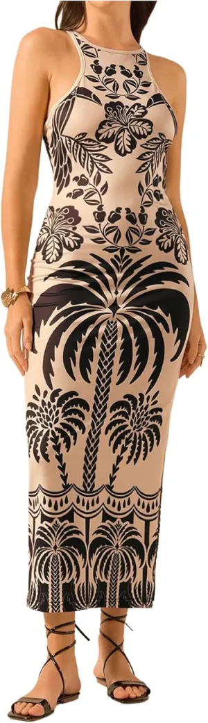 Women's Tropical Bodycon Tank Dress Elegant Summer Vacation Crewneck Split Thigh Long Maxi Dress Boho Sundress