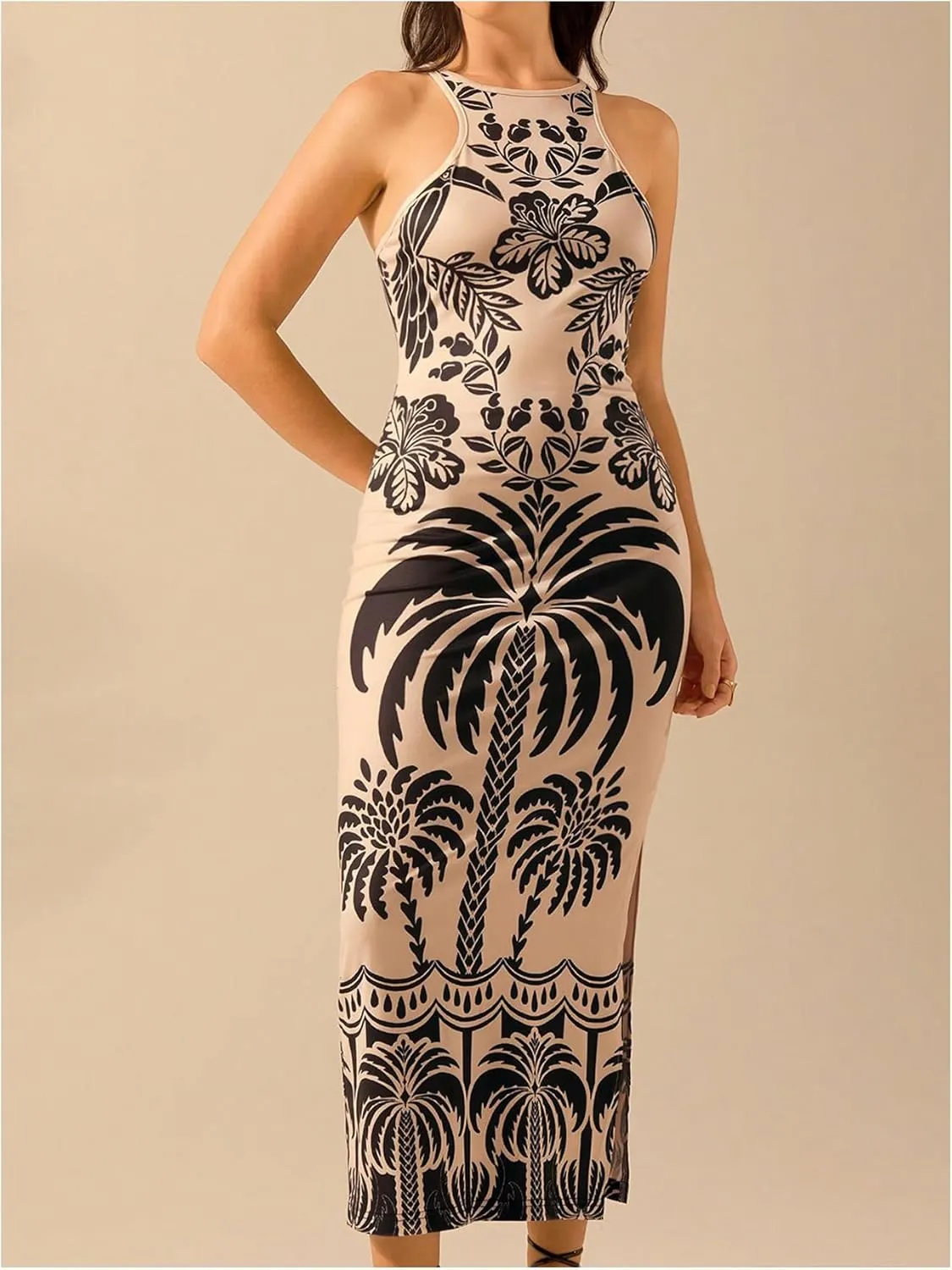 Women's Tropical Bodycon Tank Dress Elegant Summer Vacation Crewneck Split Thigh Long Maxi Dress Boho Sundress