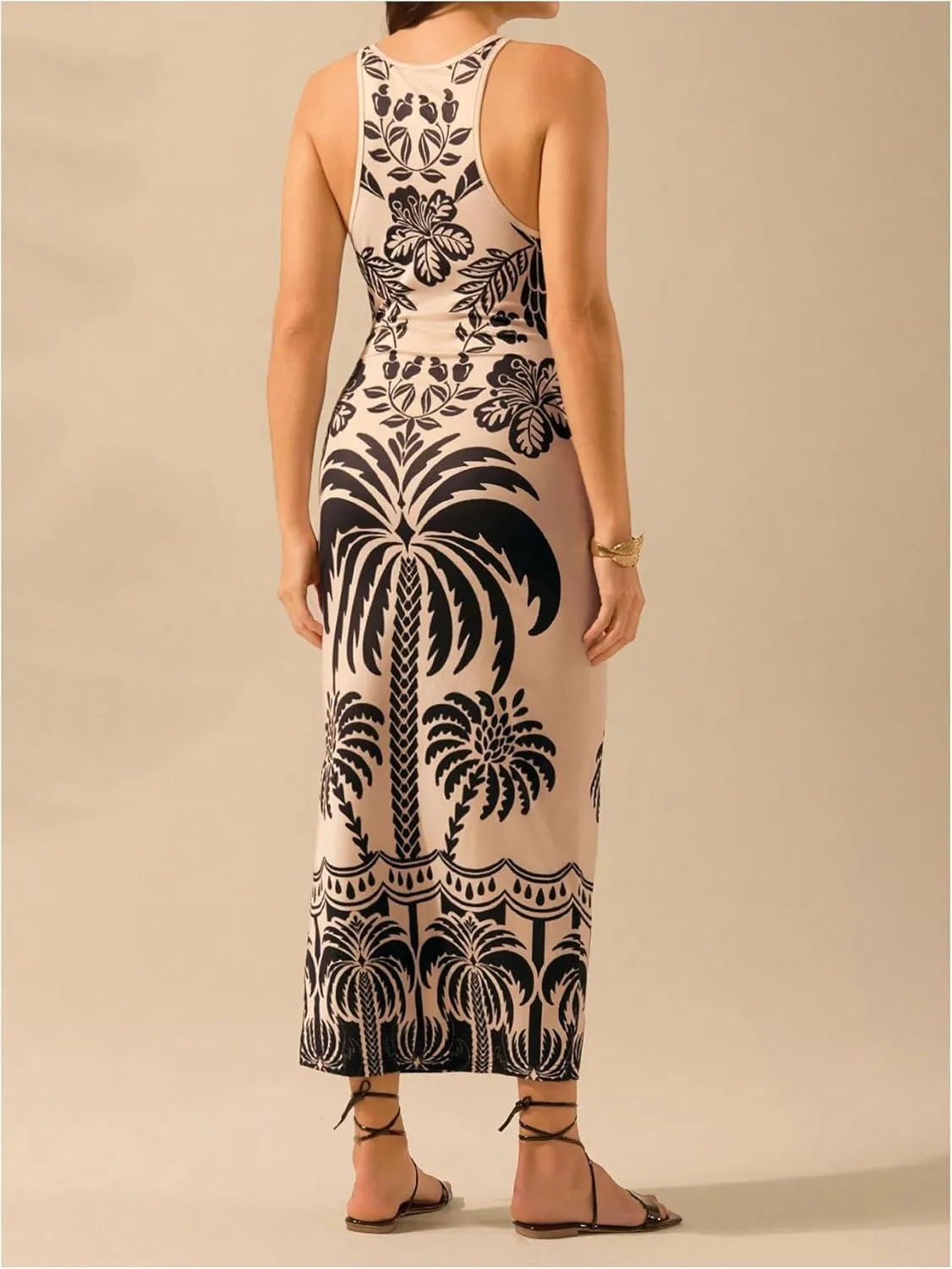 Women's Tropical Bodycon Tank Dress Elegant Summer Vacation Crewneck Split Thigh Long Maxi Dress Boho Sundress
